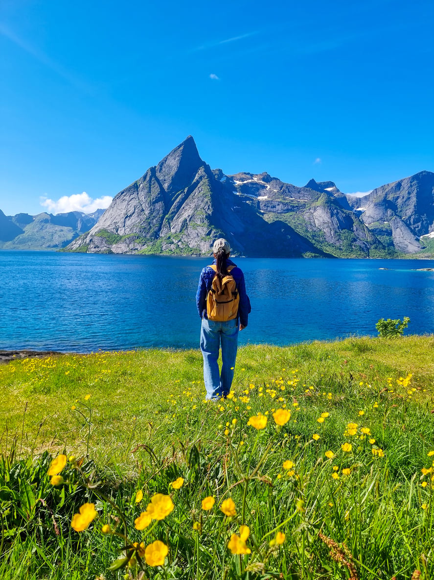 one hiker in lofoten in summer