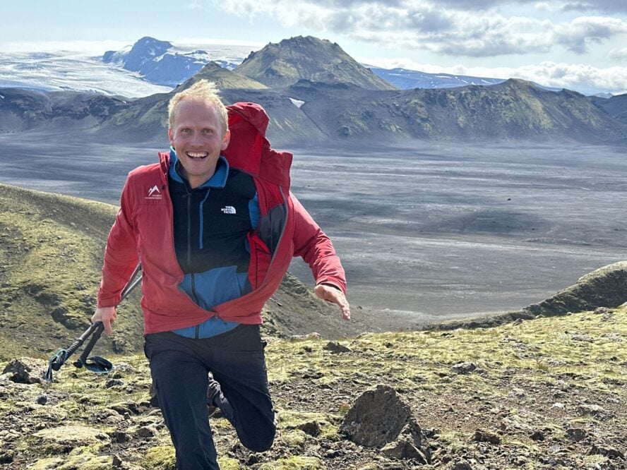 Laugavegur trail guide running and smiling