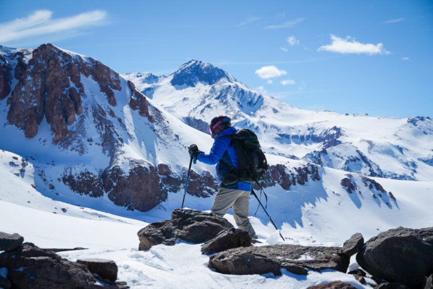 Skier under blue skies in Patagonia