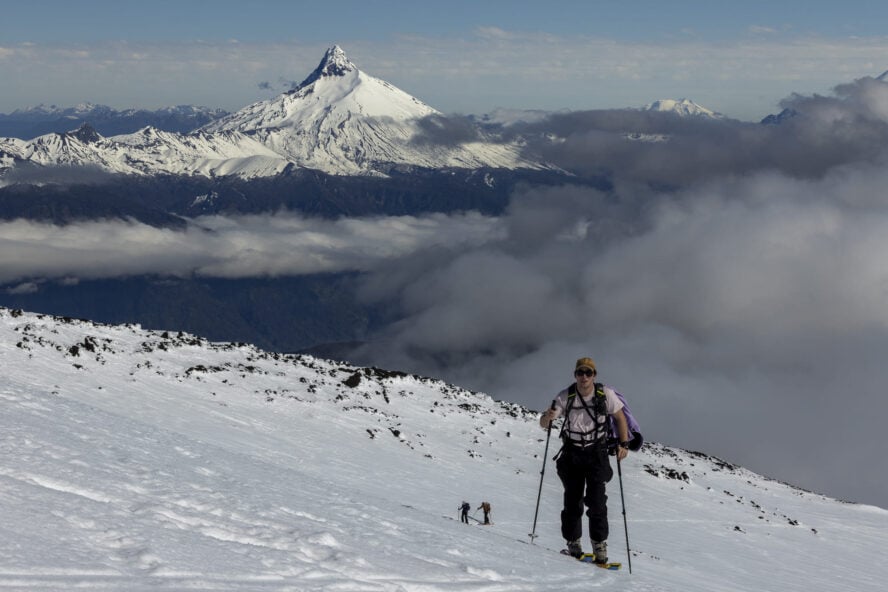 Skier and a peak in the distance in Patagonia