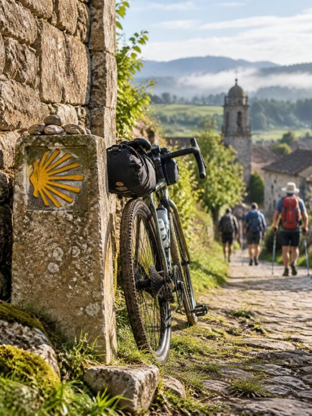 Image 3: Bicycle beside a yellow Camino de Santiago scallop-shell waymarker