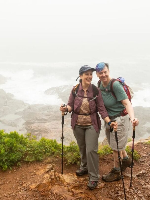 two hikers in acadia on a hike